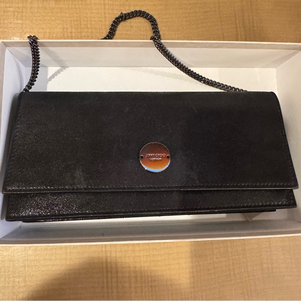 Vintage Y2k Jimmy Choo black leather evening clutch w removable shoulder chain